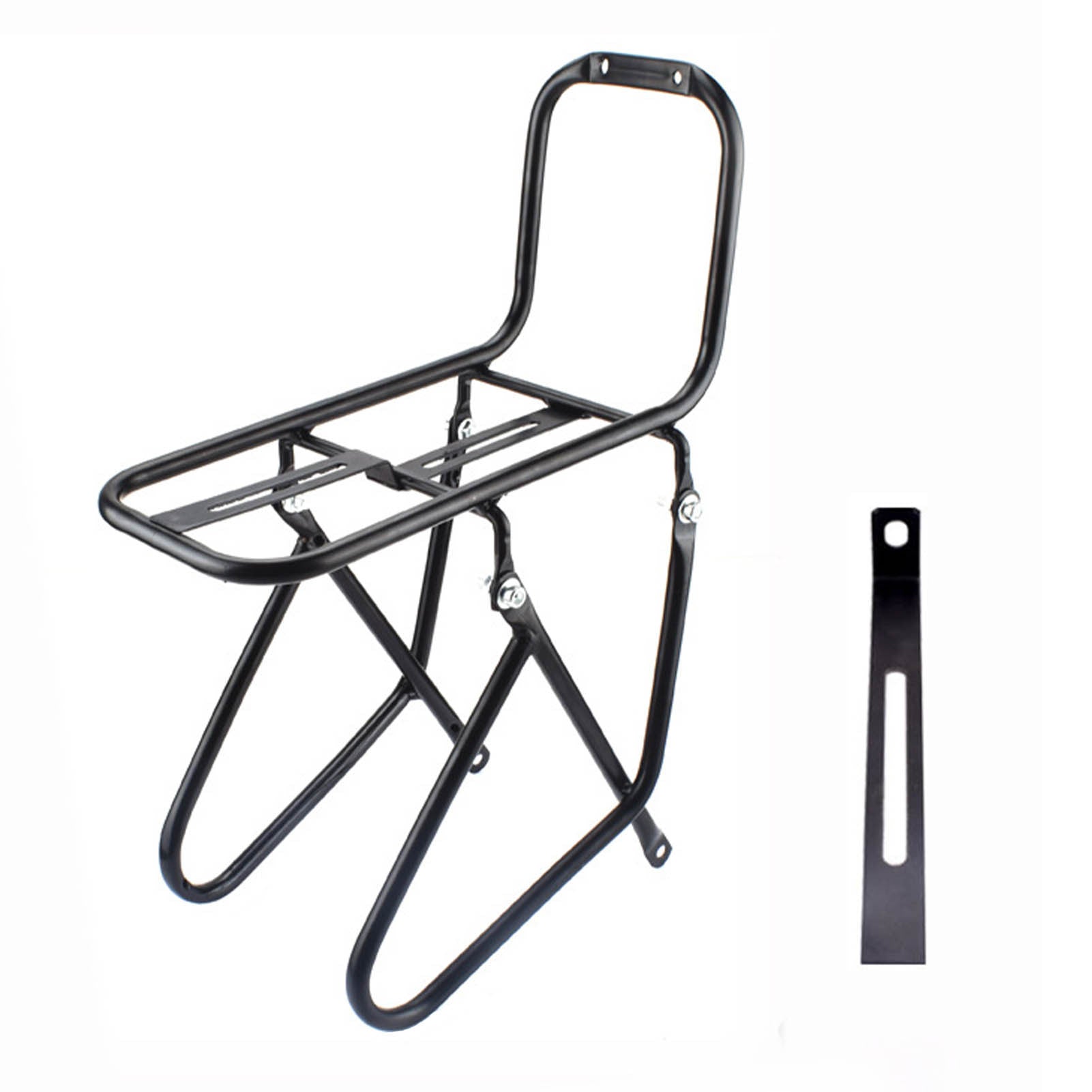 Black bicycle front rack with a small black bar on a white background