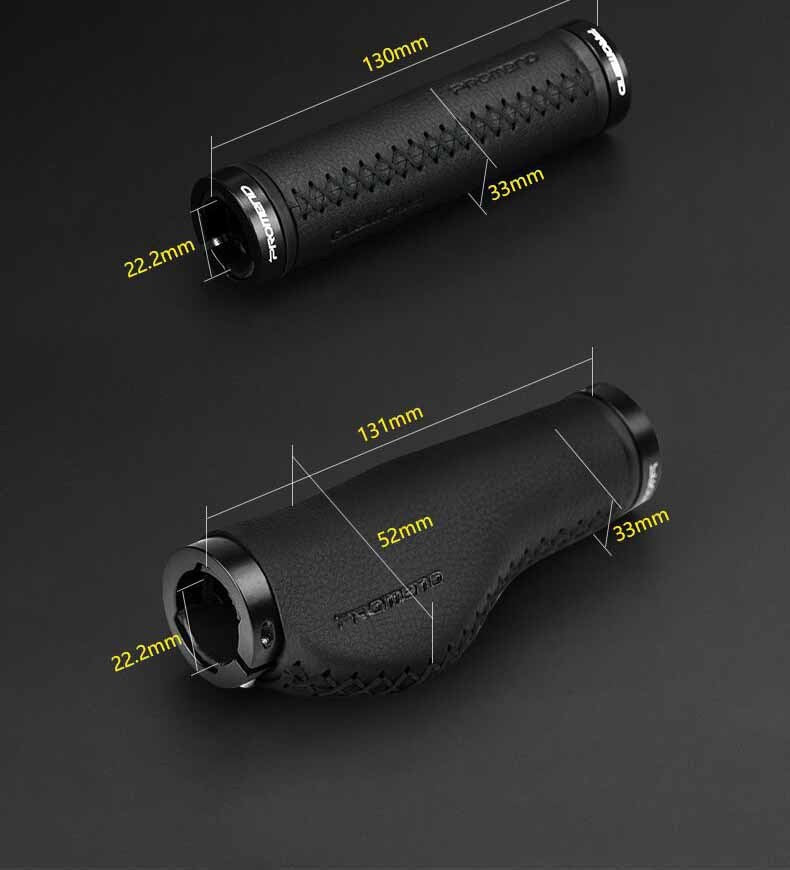 Black bicycle handlebar grips with measurements on a dark background