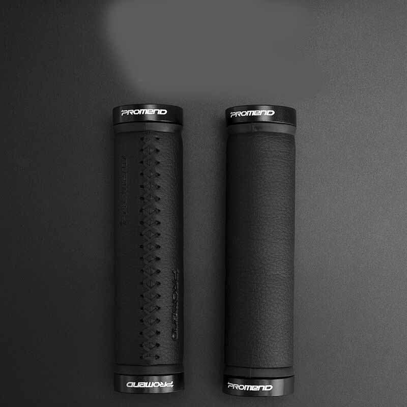 Two black Synthetic Leather Bicycle Handlebar Grips with branding on a dark gray background