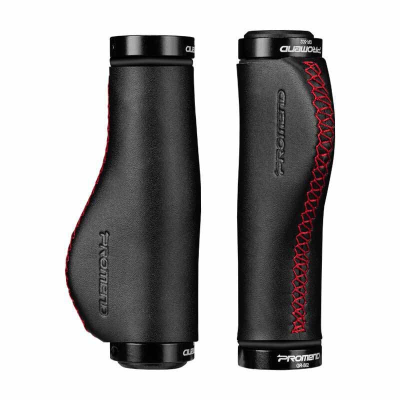 Black Synthetic Leather Bicycle Handlebar Grips with red stitching on a white background