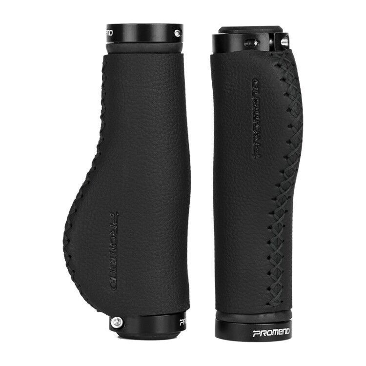 Black Synthetic Leather Bicycle Handlebar Grips with textured pattern on a white background
