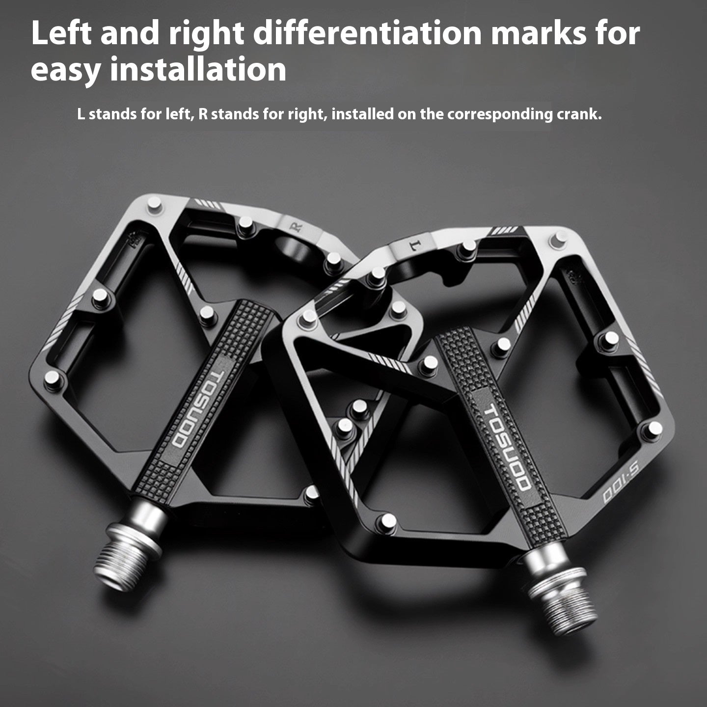 Two CNC aluminium alloy bicycle pedals with 'L' and 'R' markings on a dark background