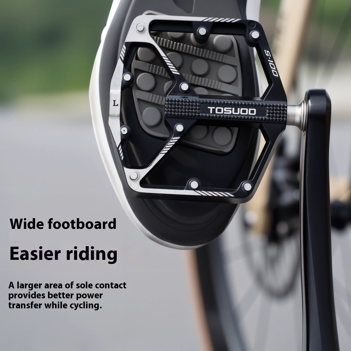 Bicycle CNC aluminium alloy pedal with wide footboard design, featuring the brand 'Tosuod'.