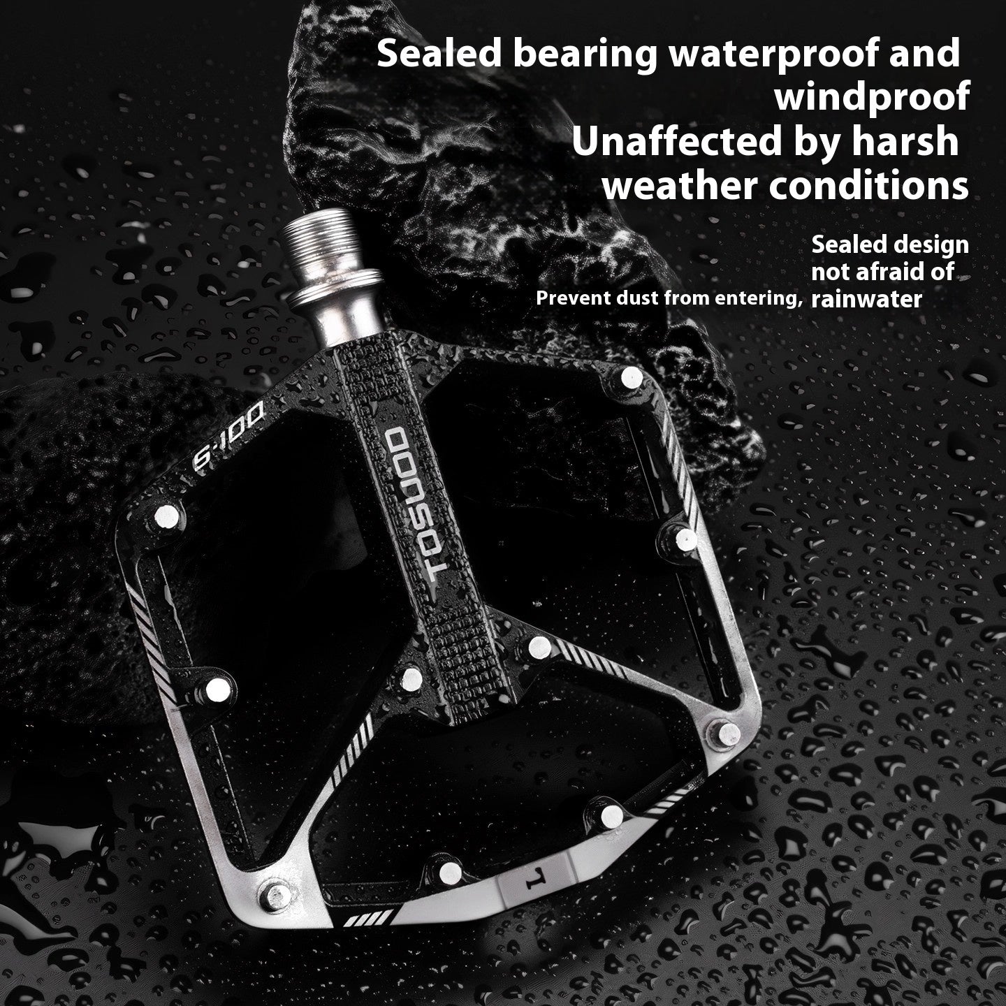 CNC aluminium alloy bicycle pedal with text about sealing and weather resistance on a wet surface