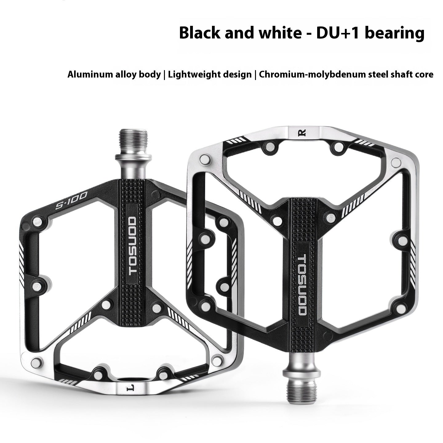 Black and white CNC aluminium alloy bicycle pedals with 'Tosuod' branding on a white background