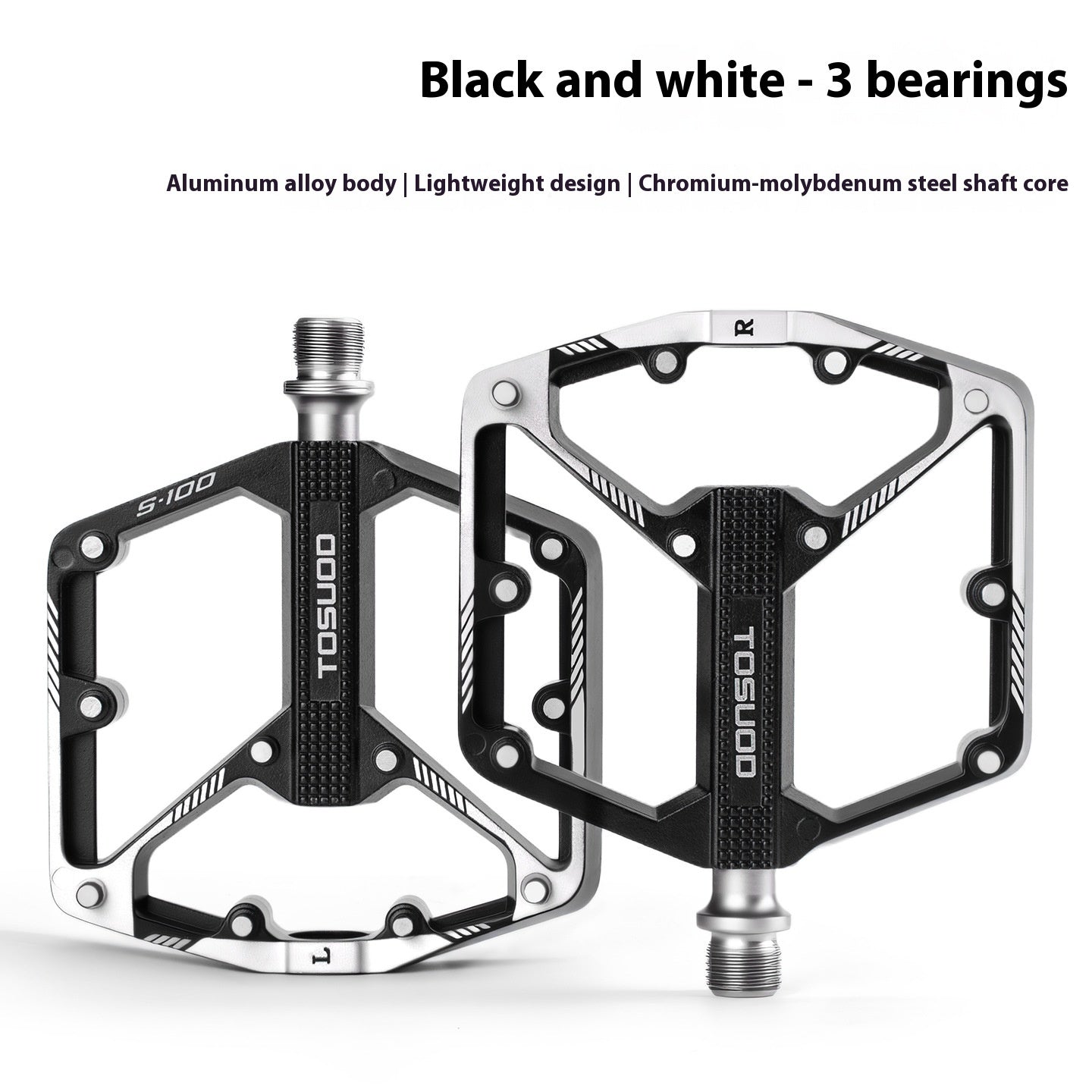 Black and white CNC aluminium alloy bicycle pedals with metallic finish on a white background