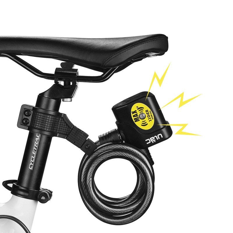 Bicycle cable lock with alarm attached to a bike seat with visible brand logos on a white background