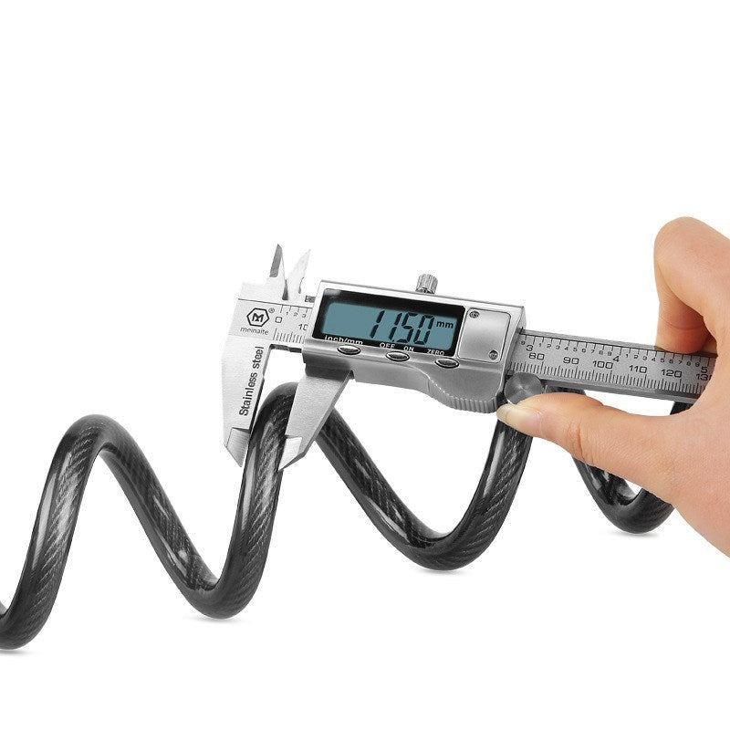 Digital caliper measuring a bicycle cable lock with a white background