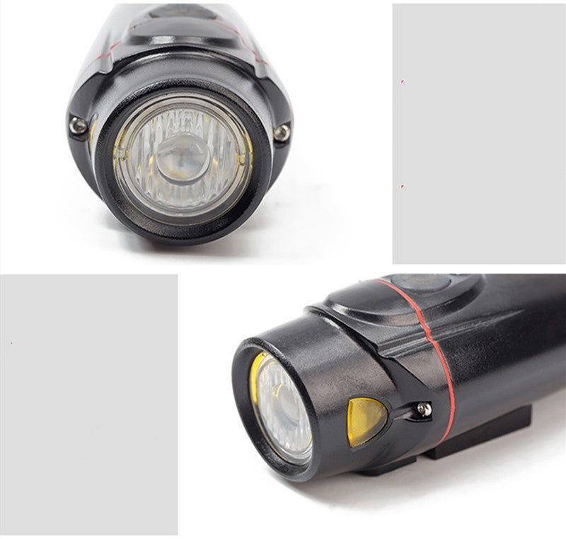 Close-up of a USB Rechargeable Front Bicycle Light with a clear lens on a white background