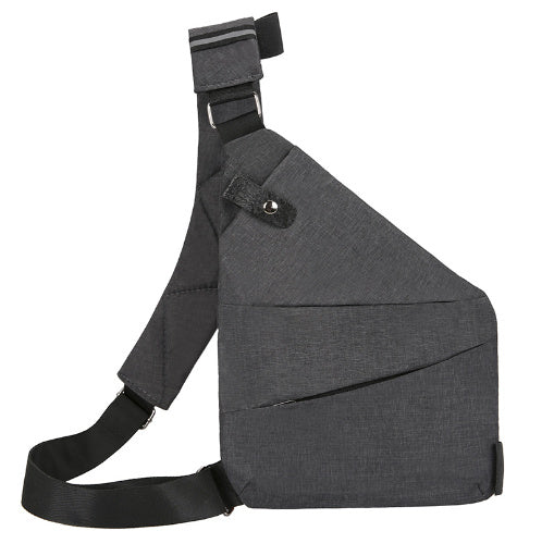 Gray sling bag with black strap on a white background