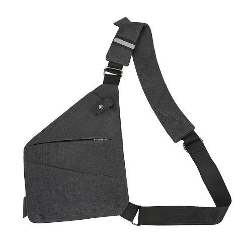 Gray sling bag with a strap on a white background
