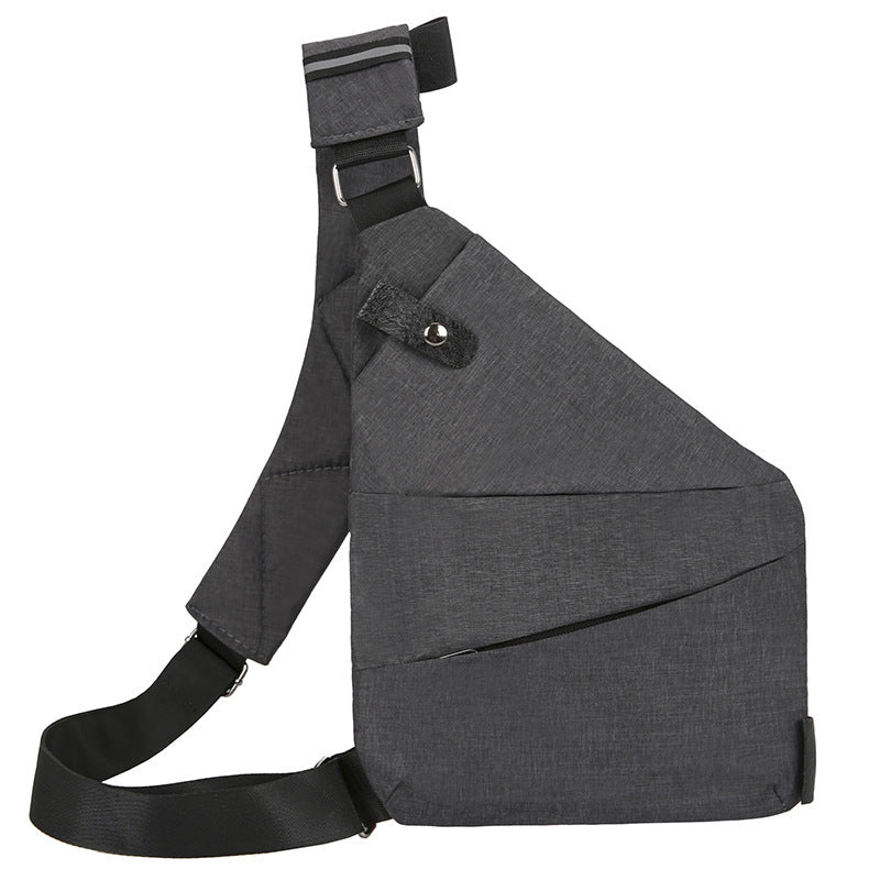 Gray sling bag with black straps on a white background