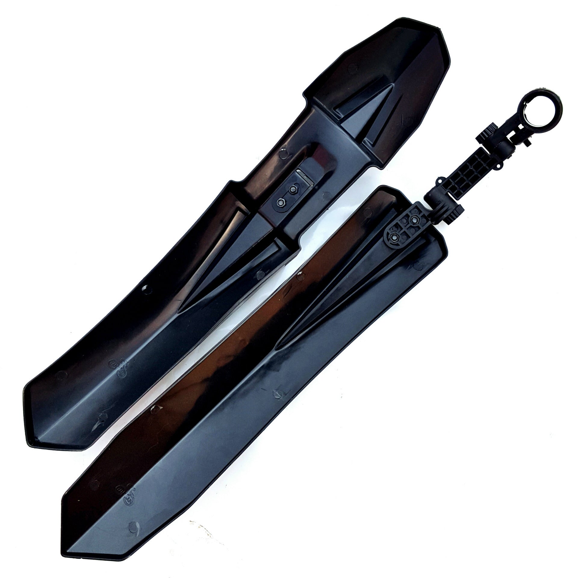 Black front and rear detachable bicycle mudguards on a white background