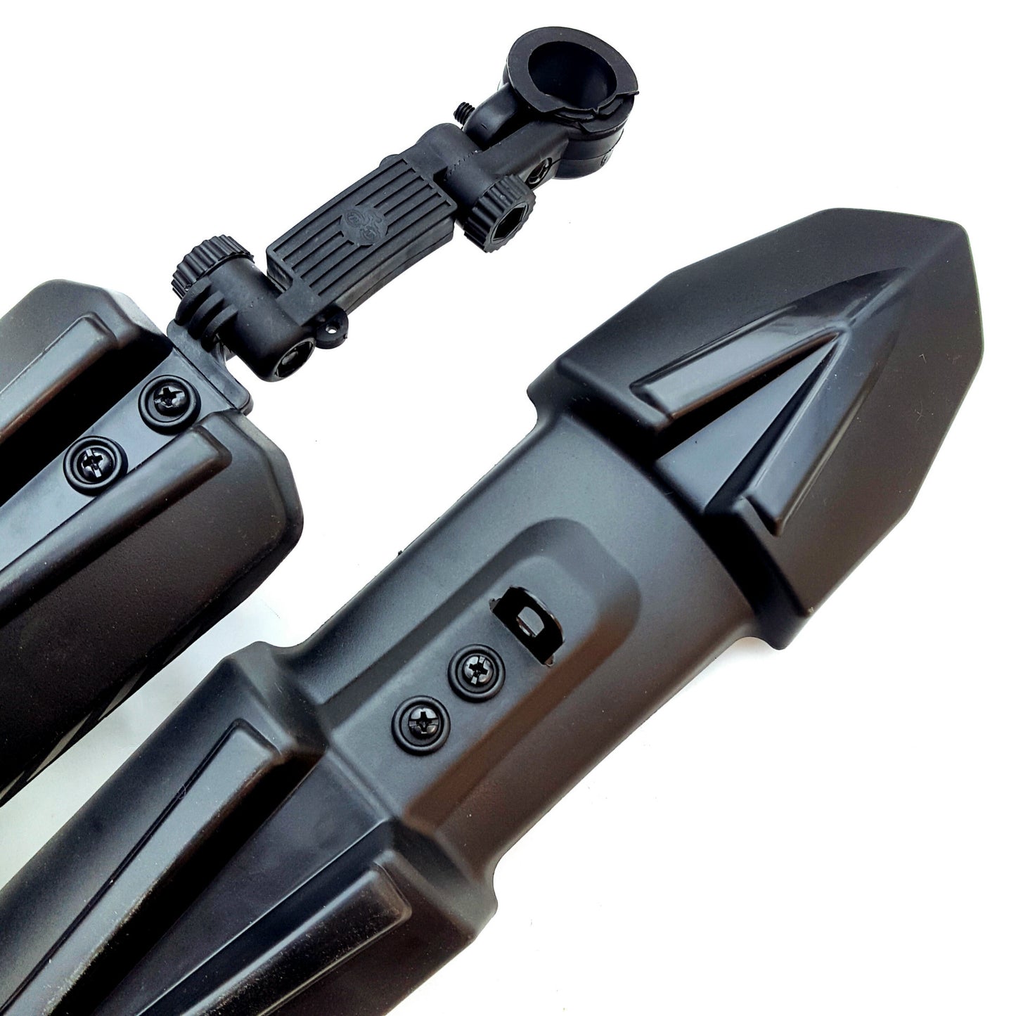 Close-up of a black front and rear detachable bicycle mudguards on a white background