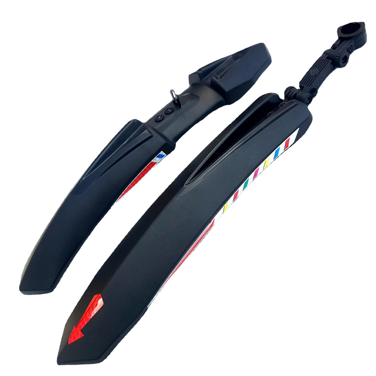 Black bicycle fenders with colorful accents on a white background