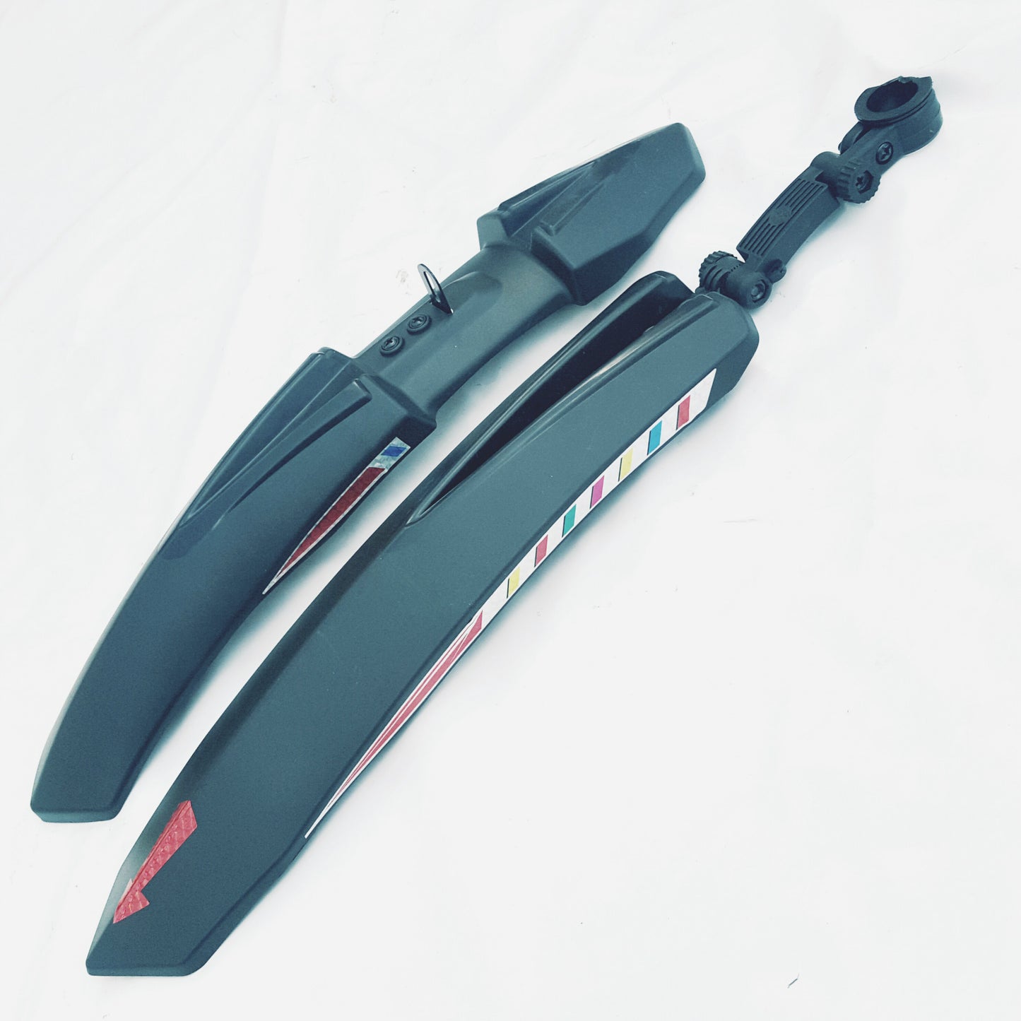 Pair of detachable bicycle fenders with colorful accents on a white background