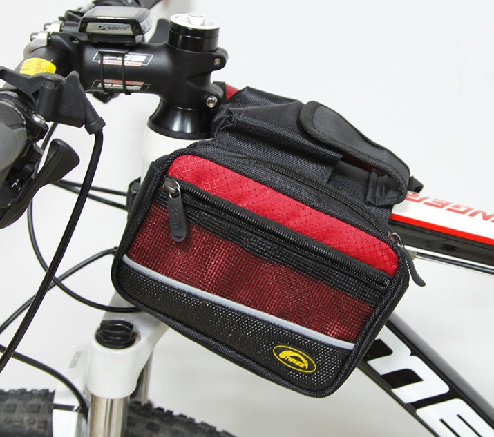 Red and black bicycle top tube bag with 3 compartments attached to a bike