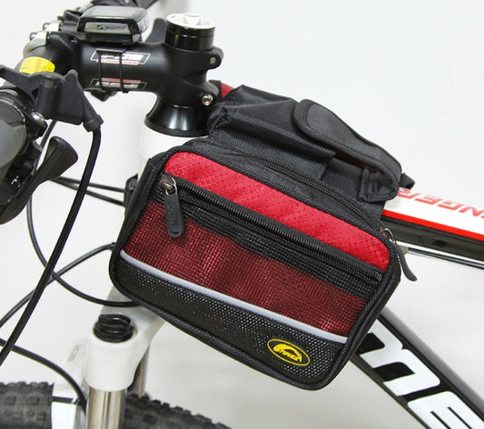 Red and black bicycle top tube bag with 3 compartments attached to a bike