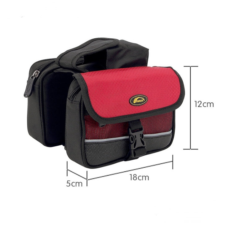Red and black bicycle top tube bag with 3 compartments 