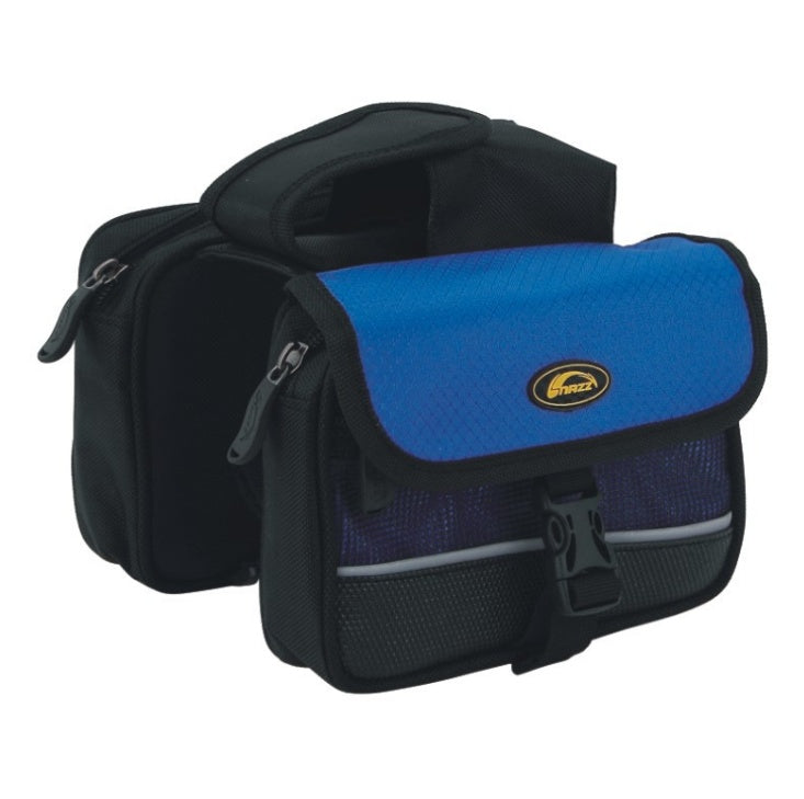 Blue and black bicycle top tube bag with 3 compartments