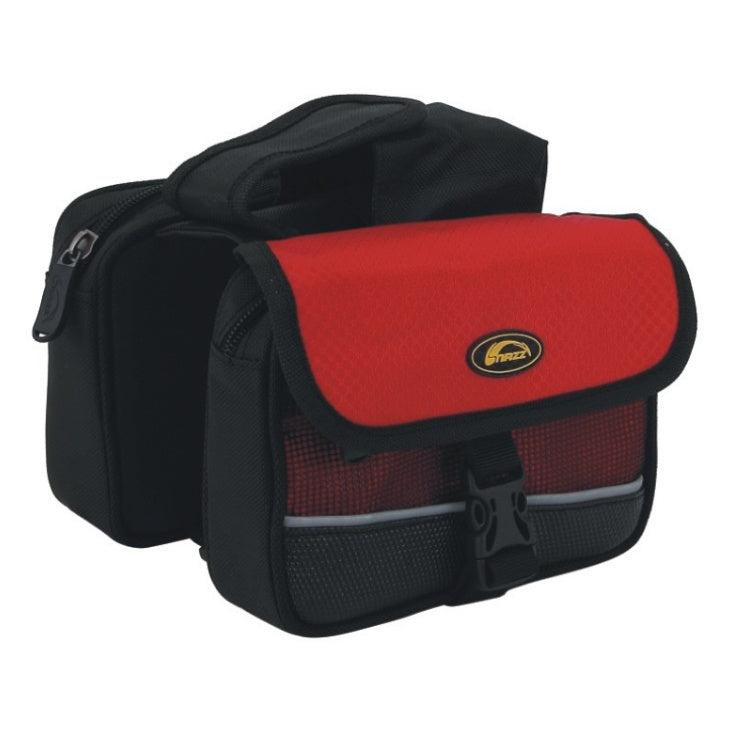 Red and black bicycle top tube bag with 3 compartments