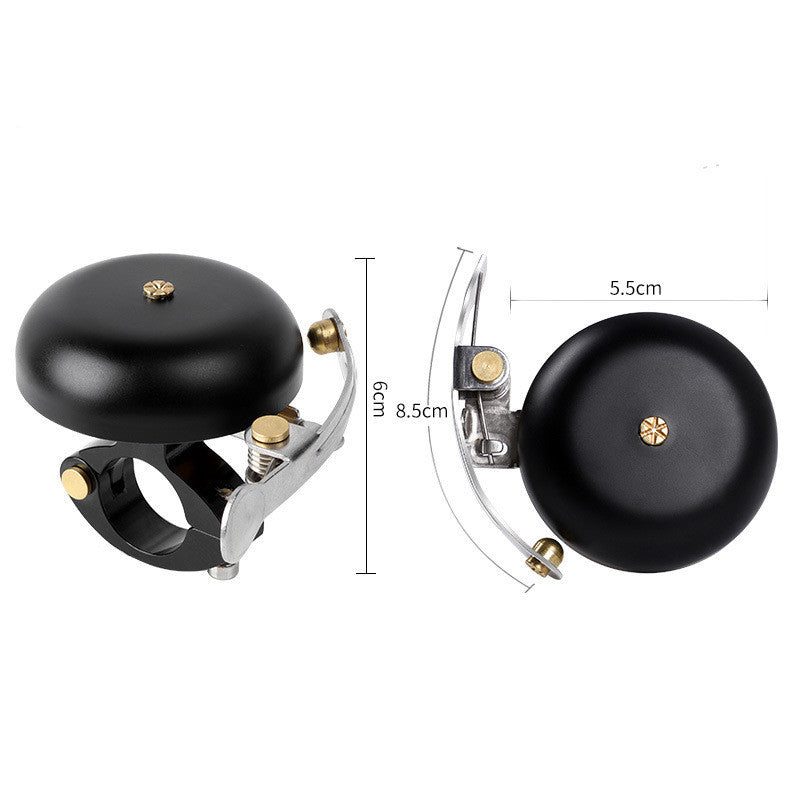 Black Vintage-Style Bicycle Bells with measurements on a white background