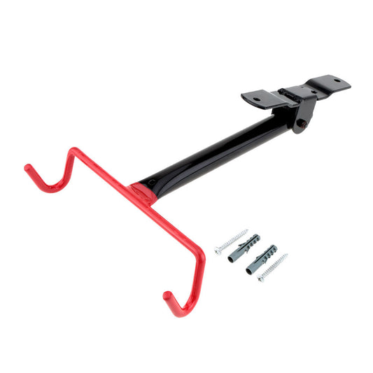 Black and red wall-mounted bike rack with mounting hardware on a white background