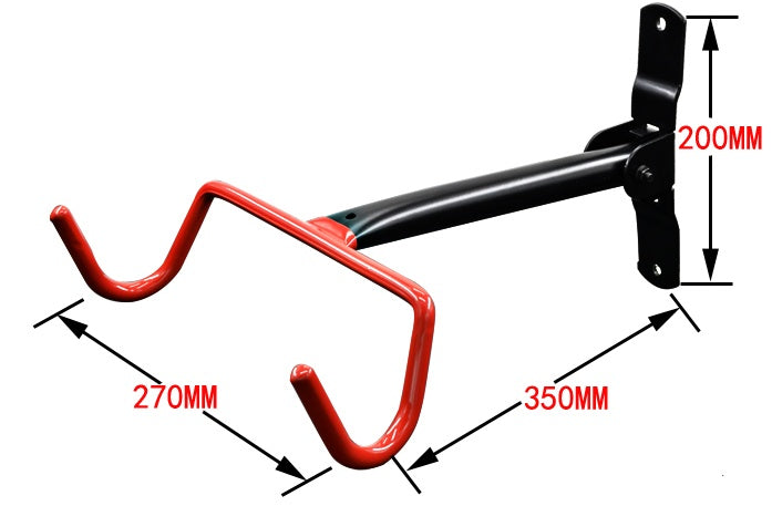 Black and red steel wall-mounted bicycle rack with measurements on a white background