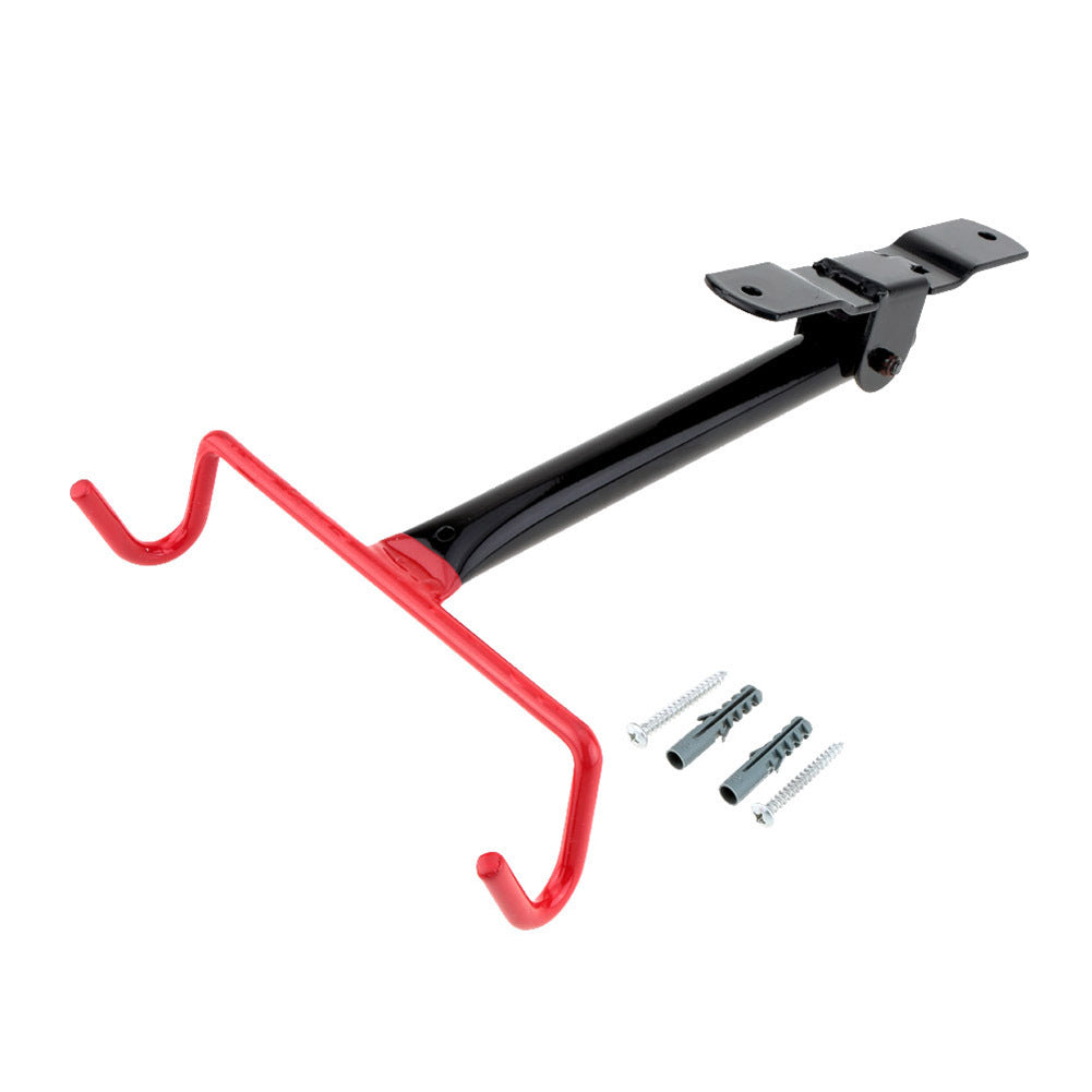 Black and red bike rack with mounting hardware on a white background