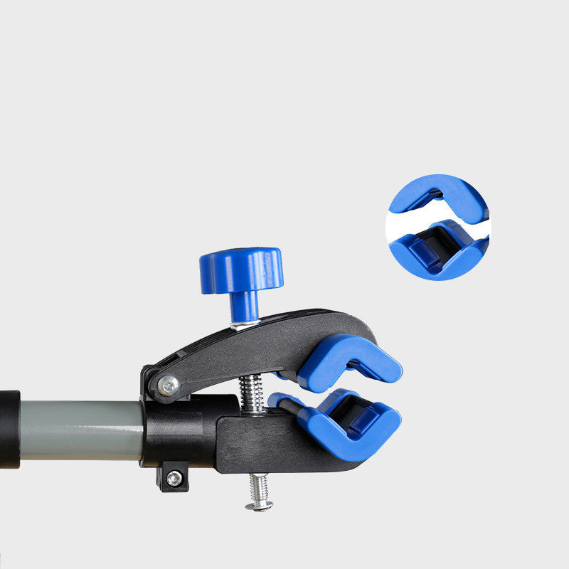 Wall-mounted Bicycle Maintenance/Storage Support with blue adjustable clamps on a white background