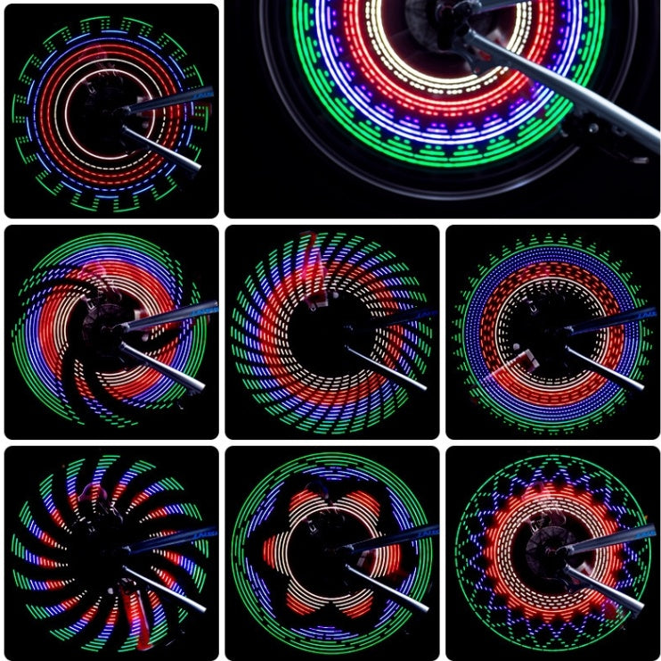 Waterproof 32-pattern LED Bicycle Wheel Light Strips with colorful patterns on a black background