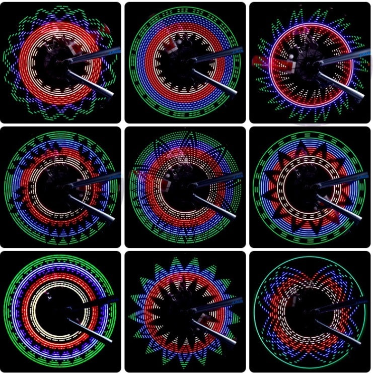 Grid of Waterproof 32-pattern LED Bicycle Wheel Light Strips with colorful patterns on a black background