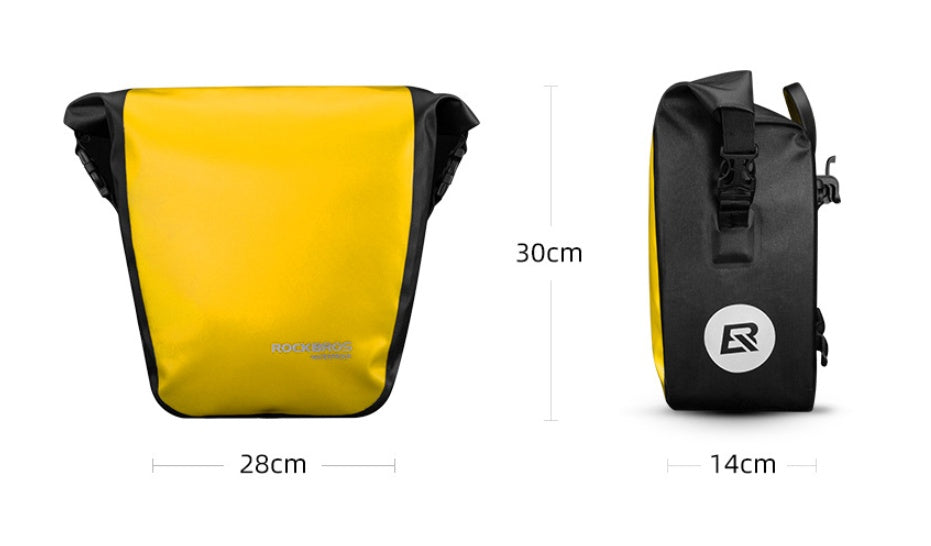 Yellow and black bag with dimensions labeled on a white background