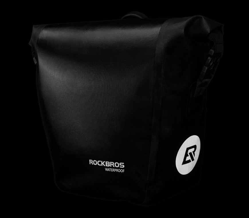 Black Waterproof Bicycle Bag / Pannier with 'RockBros' branding on a black background