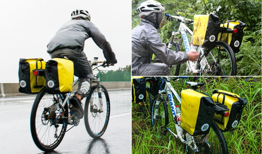 Bicycle with yellow and black Waterproof Bicycle Bag / Pannier in various settings