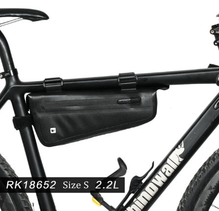 Black bike frame bag attached to a bicycle with size and capacity information displayed.