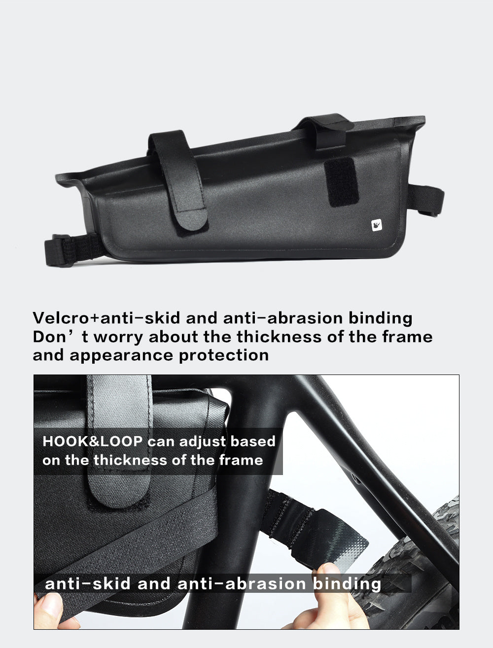 Black bike frame bag with velcro and anti-slip straps on a gray background