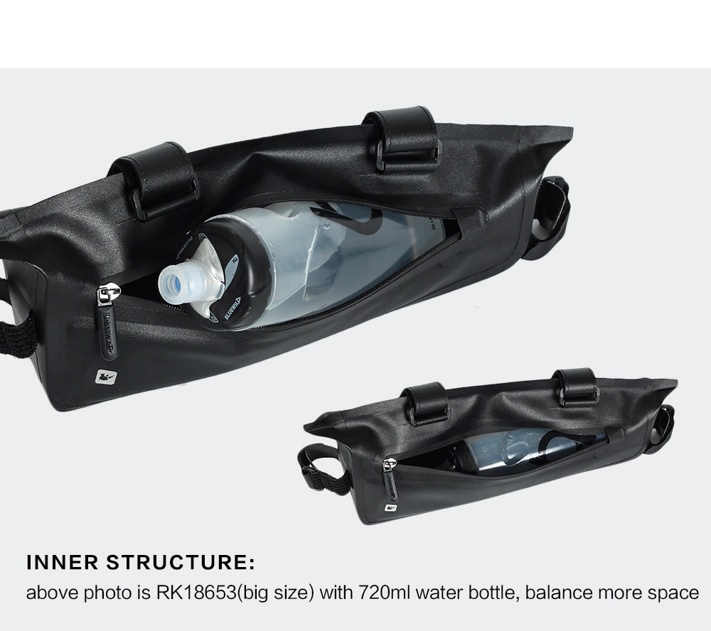 Black Waterproof Bicycle Frame Bag with a 720ml water bottle inside on a white background