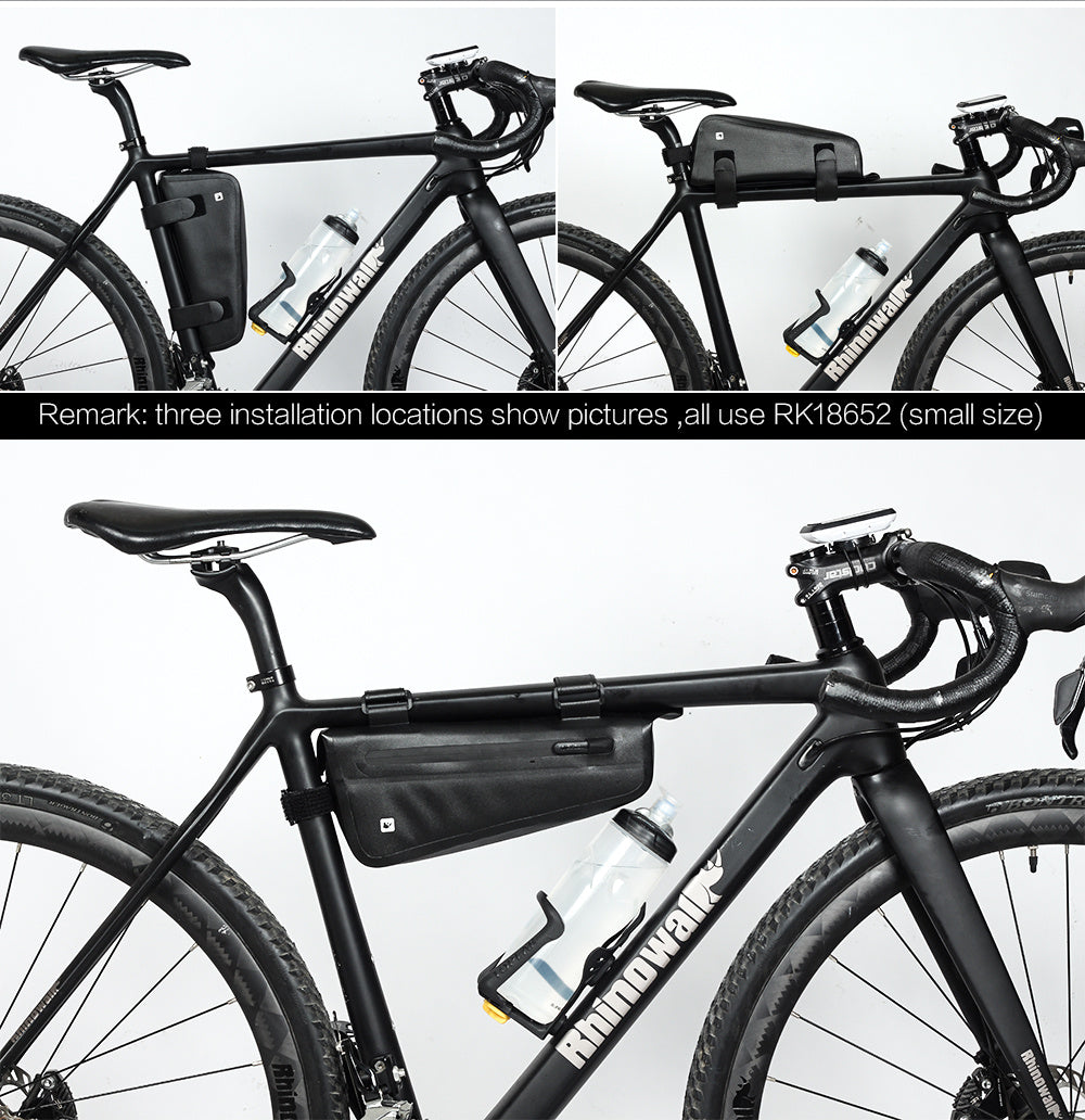 Three views of a bicycle with a black Waterproof Bicycle Frame Bag attached, featuring the brand 'Rhinowalk'.