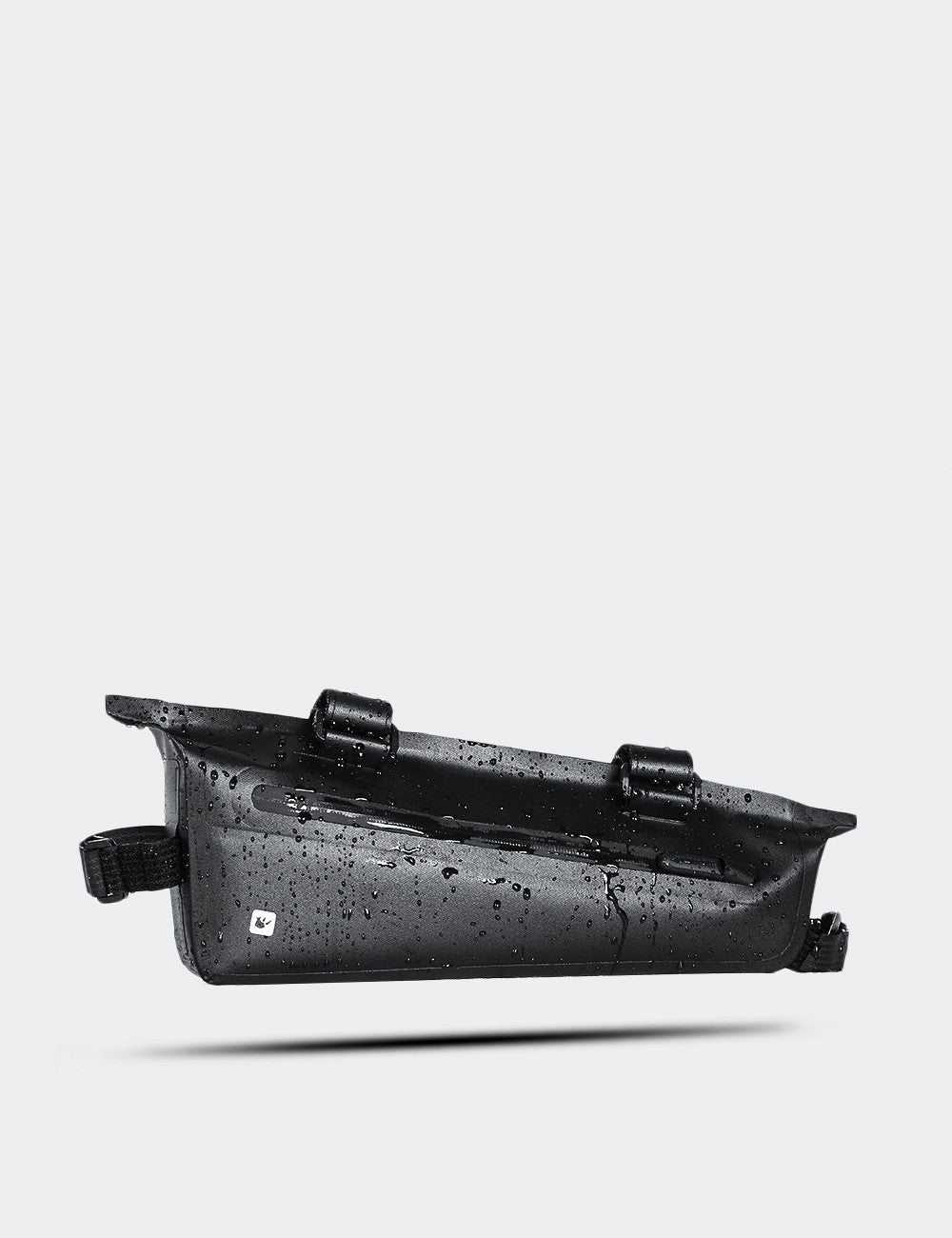 Black bike frame bag on a light gray background