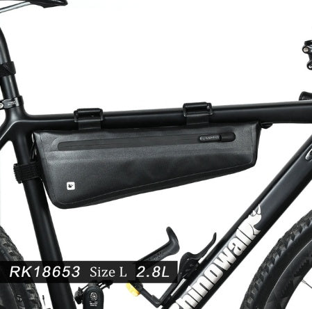 Bicycle frame bag attached to a bike with visible brand name on a white background
