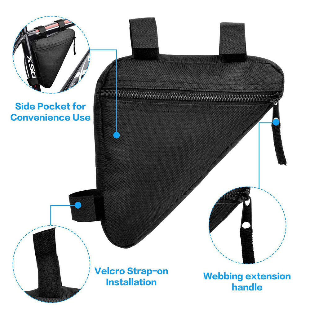 Black Waterproof Bicycle Framebag with side pocket, velcro strap-on installation, and webbing extension handle on a white background.