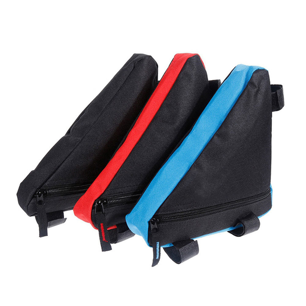 Three Waterproof Bicycle Framebags in black, red, and blue on a white background