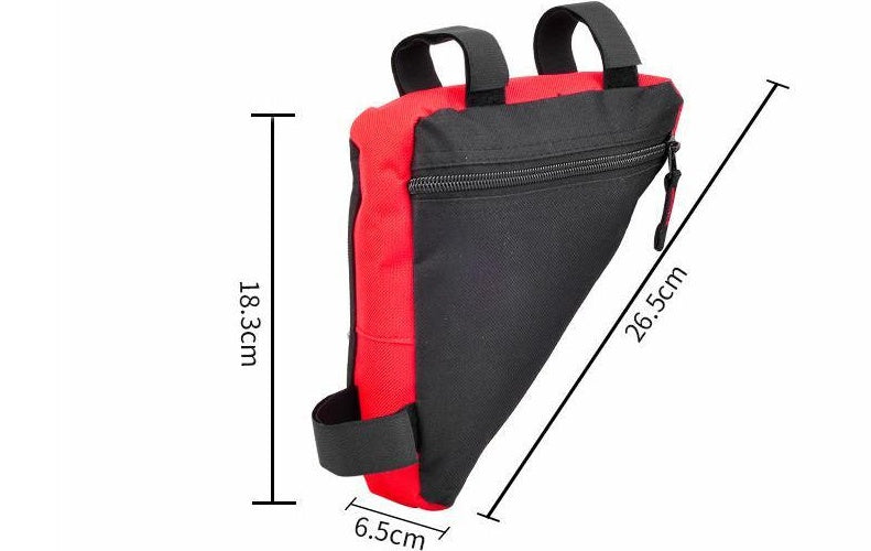 Red and black Waterproof Bicycle Framebag with measurements on a white background