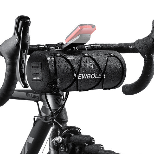 Bicycle handlebar with NEWBOLER handlebar bag and smartphone holder on a white background