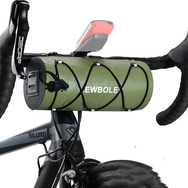 Green bicycle handlebar bag with 'NEWBOLER' branding attached to a bike.