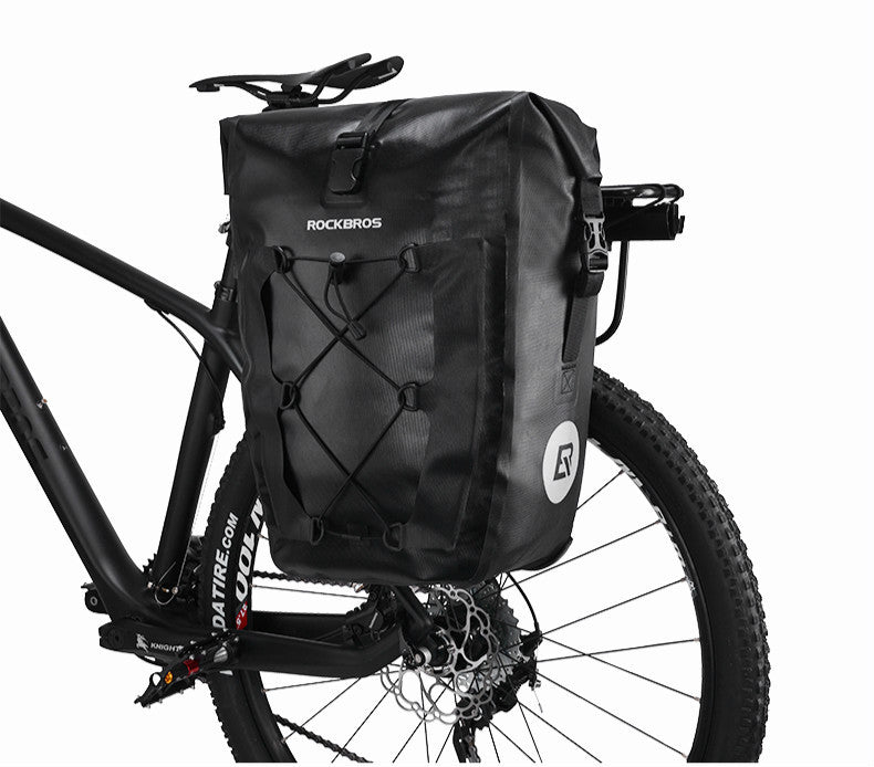 Black bicycle pannier bag with RockBros branding on a white background