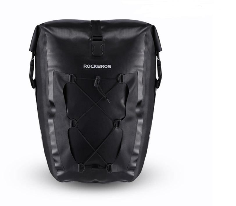 Black Waterproof Bicycle Pannier Bag with 'Rockbros' branding on a white background