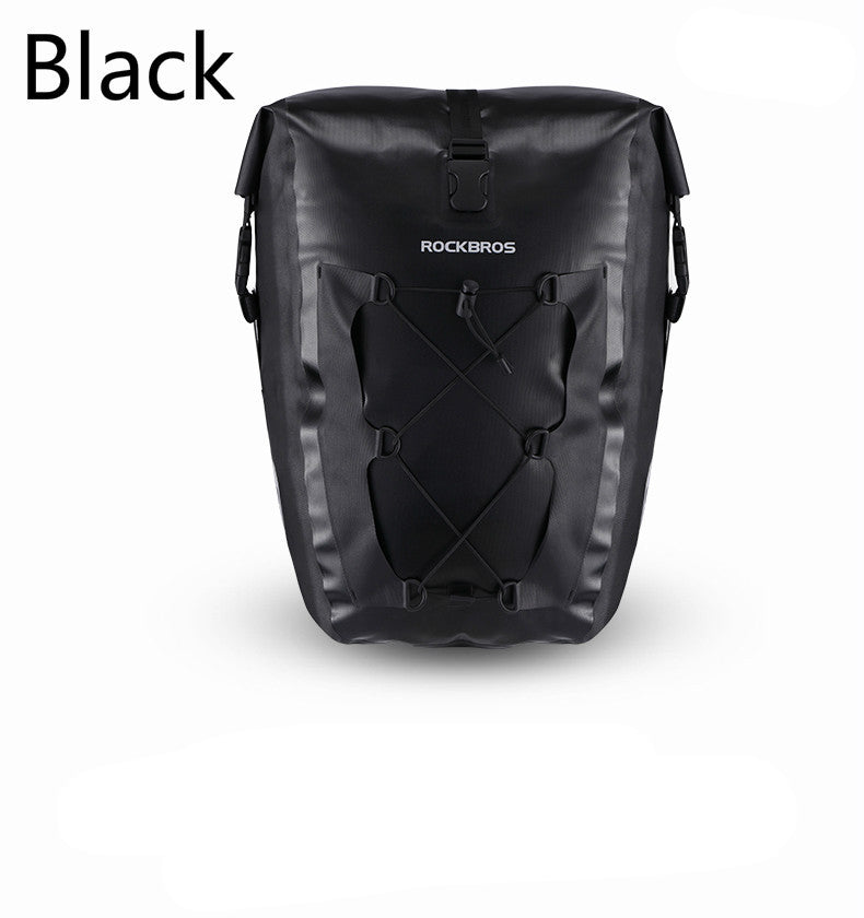 Black Waterproof Bicycle Pannier Bag with 'Rockbros' branding on a white background