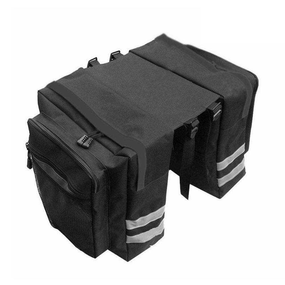 Black bicycle saddlebags with reflective stripes on a white background